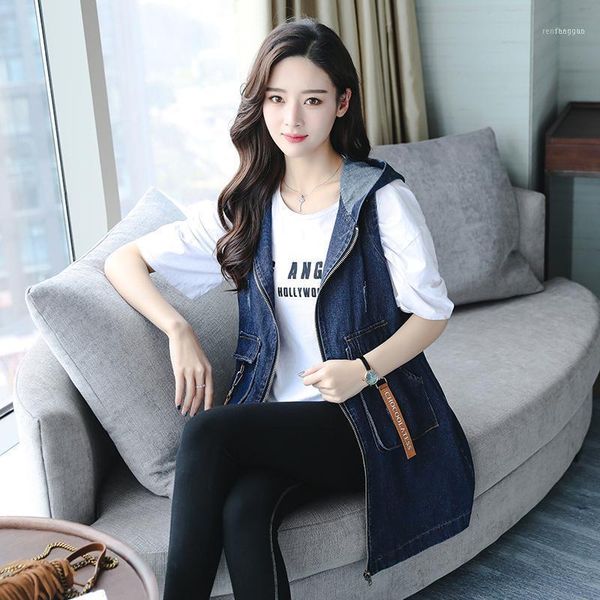 

women's vests spring autumn slim women denim vest sleeveless hooded dark blue long coats embroidery zipper office lady jacket outerwear, Black;white