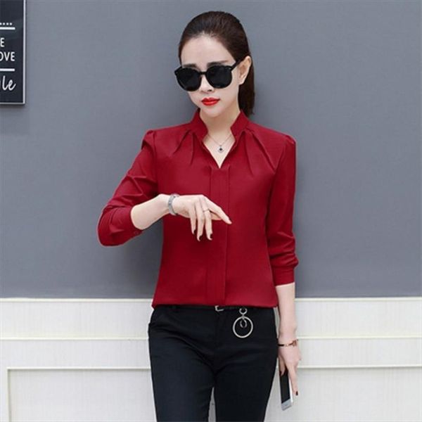 

v neckline chiffon women blouses long sleeve pleated camisa elegant plus size stylish office blouse, White
