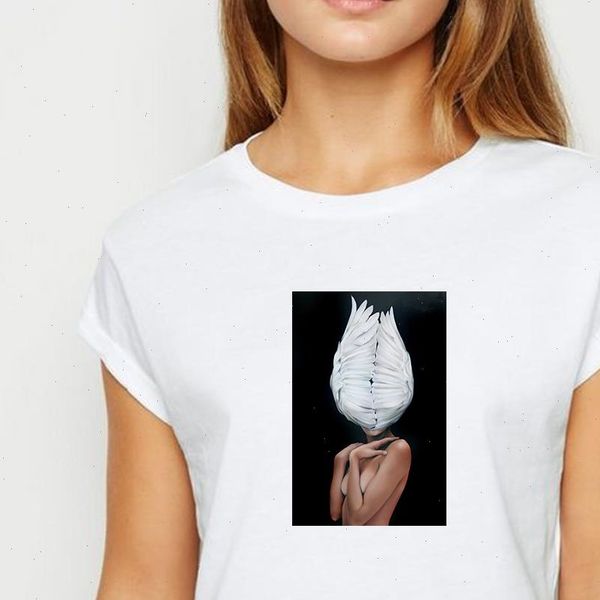 

new t shirt women feather flower girl t shirts ulzzang spring summer white popular versatile vestidos round collar tshirt