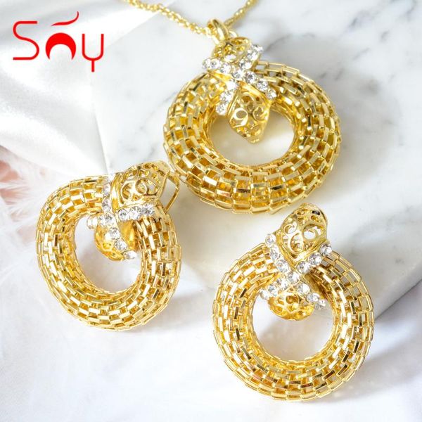 

earrings & necklace sunny jewelry sets metal tube pendent hollow out zircon exquisite for women girl wedding party anniversary gift, Silver