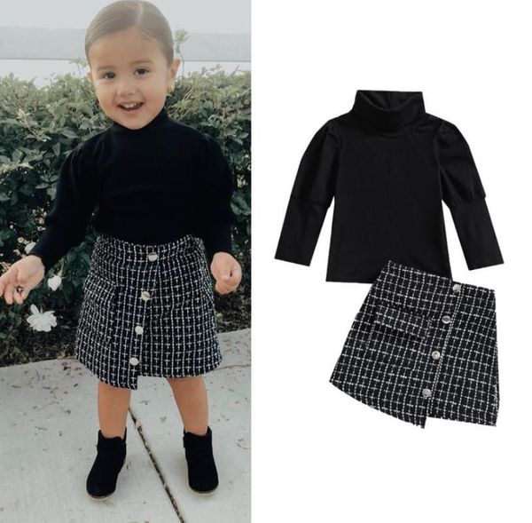 

clothing sets fall fashion children girls long sleeve high neck knitwear side pockets irregular hem skirt 2pcs, White