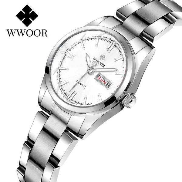 

wristwatches wwoor fashion women watch simple white quartz stainless steel automatic date display waterproof sports montre femme, Slivery;brown