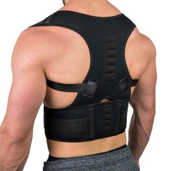 

back support corset shoulder lumbar posture corrector bandage spine belt magnetic therapy correction, Black;blue