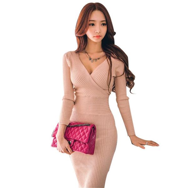 

casual dresses women sheath sweaters dress autumn winter knitted cotton v-neck slim bodycon black female party vestidos, Black;gray