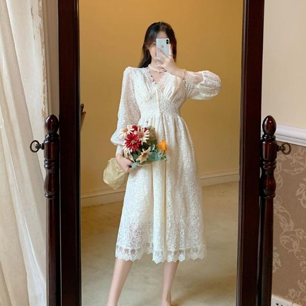 

sannian women dress 2021 autumn new retro lace hollow v-neck long-sleeved waist thin temperament mid-length dress women clothing, Black;gray