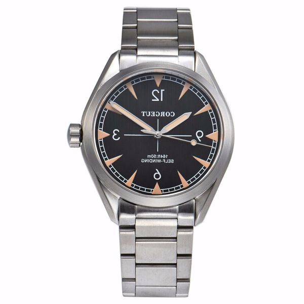

41mm corgeut sapphire crystal mechanical automatic mens watch black dial stainless steel bracelet luminous, Slivery;brown