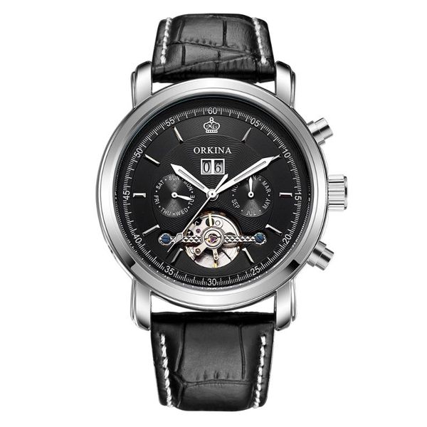 

wristwatches orkina men watches automatic black watch leather strap 3atm waterproof business sport mechanical, Slivery;brown