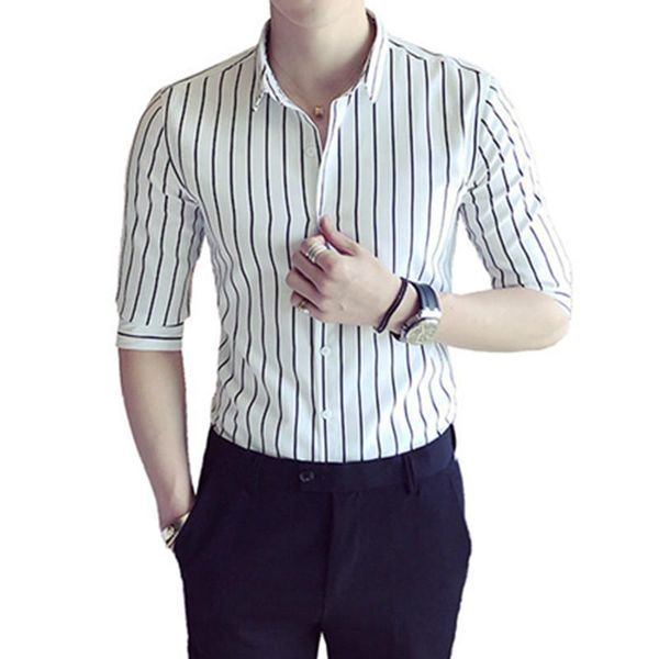 

men's casual shirts 2021 summer striped shirt business vertical button down seven sleeve dress blouses, White;black