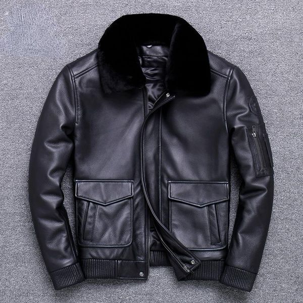 

men's leather & faux genuine cow jacket warm real wool fur collar cowhide motorcycle winter clothes chaqueta cuero hombre 842, Black