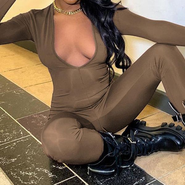 

women's jumpsuits & rompers high waist drawstring lace up simple low cut bodycon 2021 style streetwear brown long sleeve, Black;white