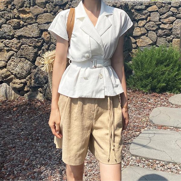 

women's tracksuits yitimuceng 2 piece sets women summer 2021 blazer suit and casual shorts with belt short sleeve korean fashion street, Gray