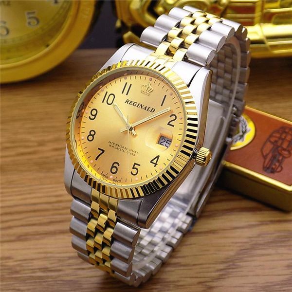 

wristwatches brand reginald watch men luxuy gold watches fluted bezel diamond dial full stainless steel luminous clock gift reloj hombre, Slivery;brown