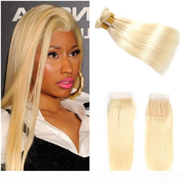 

613# honey blonde human hair extensions colored brazilian straight hair 3 bundles with lace closure virgin human hair weave, Black;brown