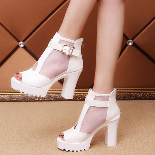 

sandals 2022 women's shoes fish mouth high-heeled mesh thick with summer hollow cold boots, Black