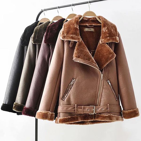

za fur long sleeved loose belt warm women's jacket lamb wool winter thickened locomotive lapel female coat beige black chic pu, Black;brown
