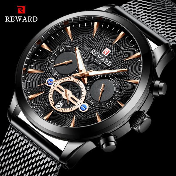 

wristwatches reward fashion mens business watches brand full steel black gold quartz watch men date calendar waterproof wristwatch 82008, Slivery;brown
