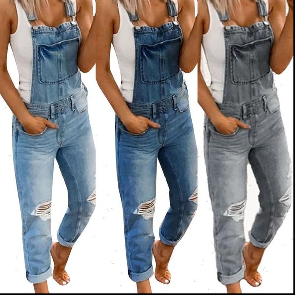 

3xl big size denim womens jeans overalls dungarees strappy romper jumpsuit cool style ripped streetwear, Blue