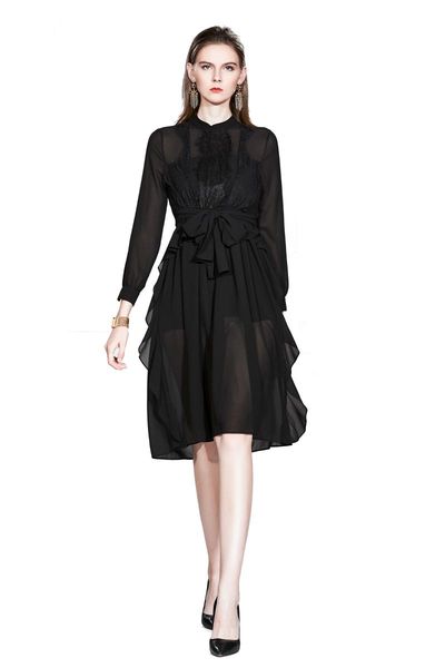 

casual dresses 2021 women a-line full office lady bow mid-calf elegant for party night black autumn lace, Black;gray