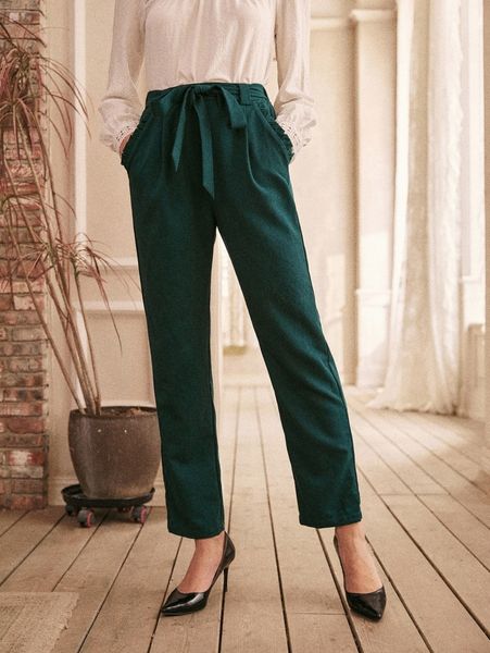 

solid belted tailored pants n1q7#, Black;white