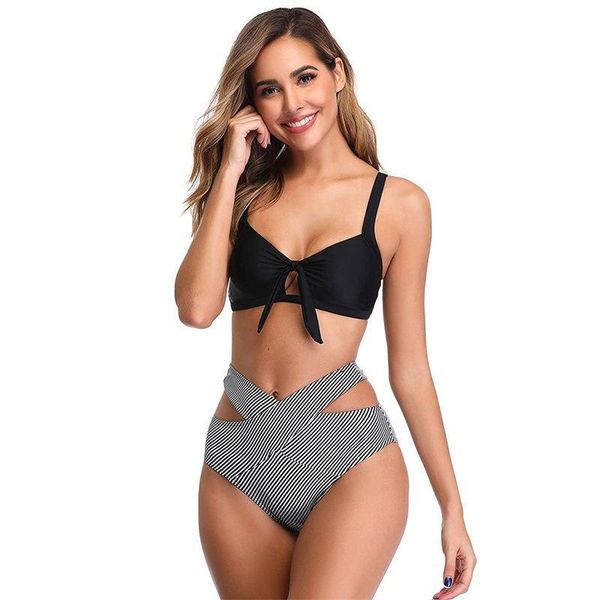 

women's swimwear 2021 summer fashion swimsuit chest knotted hollow open back high waist printed swim trunks split bikini, White;black