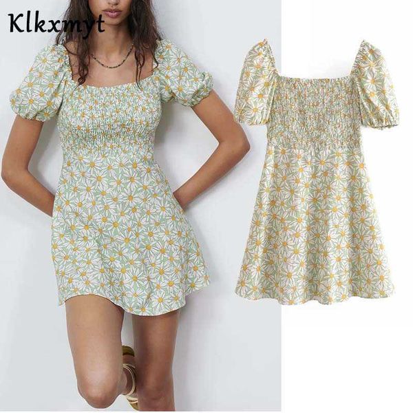 

klkxmyt za dress women chic fashion floral print mini vintage short sleeve square collar female es vestidos 210527, Black;gray