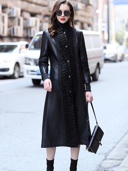 

women's leather & faux stitching printed clothes tall slim fit coat women's extended sheep skin high-end autumn, Black