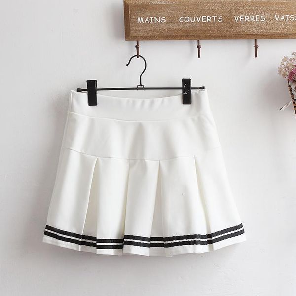 

skirts japanese summer korean women's cute striped color matching pleated skirt teen girls high waist female elastic, Black