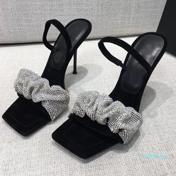 

luxury designer women shoes heels sandals super high heeled sandal slippers fashion flash drill sequined cloth nubuck leather shoe womens, Black