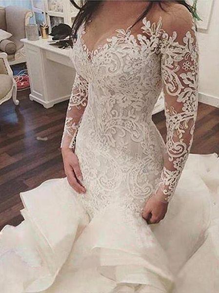

size 2021 plus organza mermaid es new lace long sleeve muslim vestido de noiva romantic appliques wedding gowns yt45, White