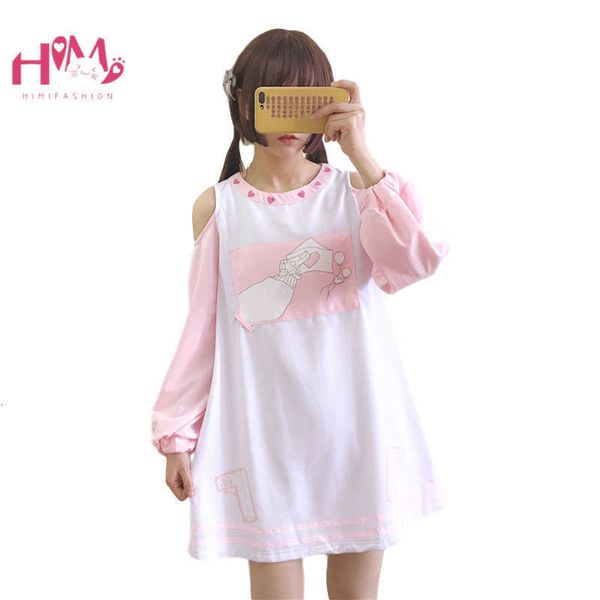 

women's t-shirt autumn harajuku soft girls kawaii dress teen women lolita cute sweet off shoulder long sleeve casual pink hoodie d, White