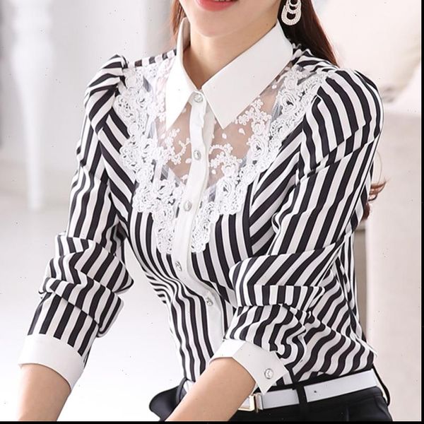 

stripe blouse women shirts lace hollow out blouses long sleeve large size slim office bottoming female clothing, White