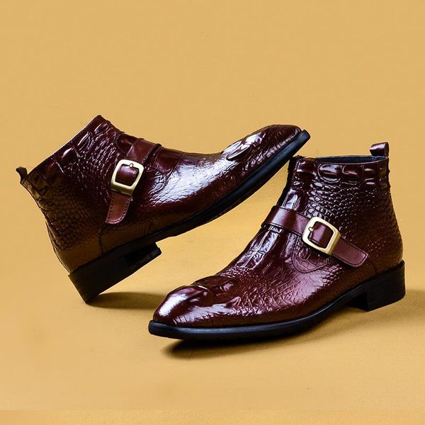 

boots crocodile leather high men's british-style retro short horse buckle business dress pointed, Black