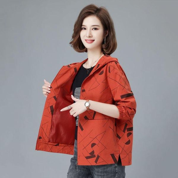 

women's jackets women short jacket spring autumn 2021 printed hooded outerwear large size loose casual workwear lining, Black;brown