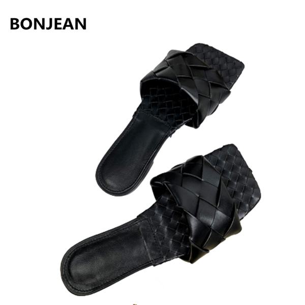 

slippers bonjean handmade weave woman colorful women flats brand lady shoes female runway casual beach slides, Black
