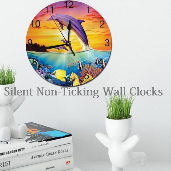 

wall clocks dolphins 25cm round digital dial mute silent battery operated kitchen clock living home decor