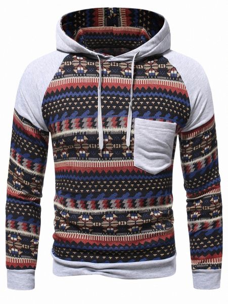 

men geo print patched pocket raglan sleeve drawstring hoodie w2ad#, Black