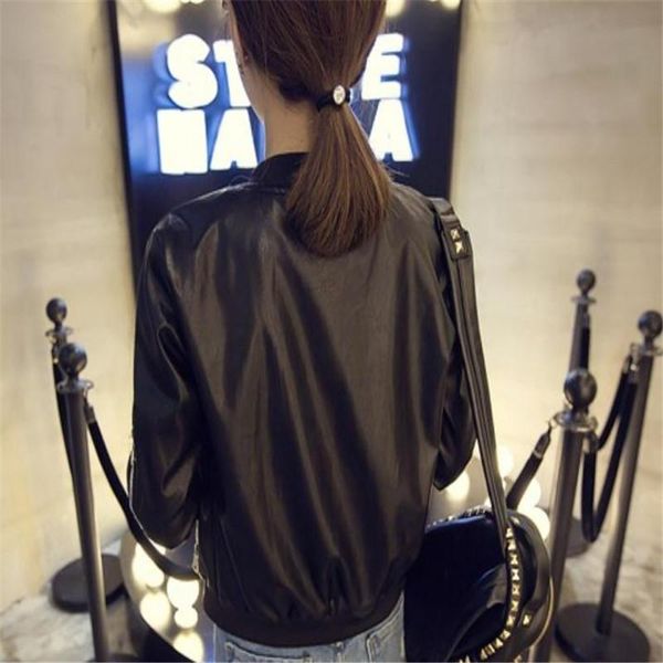 

women's leather & faux europe and united women artificial jacket black coat fashion zipper round neck pu long sleeve slim