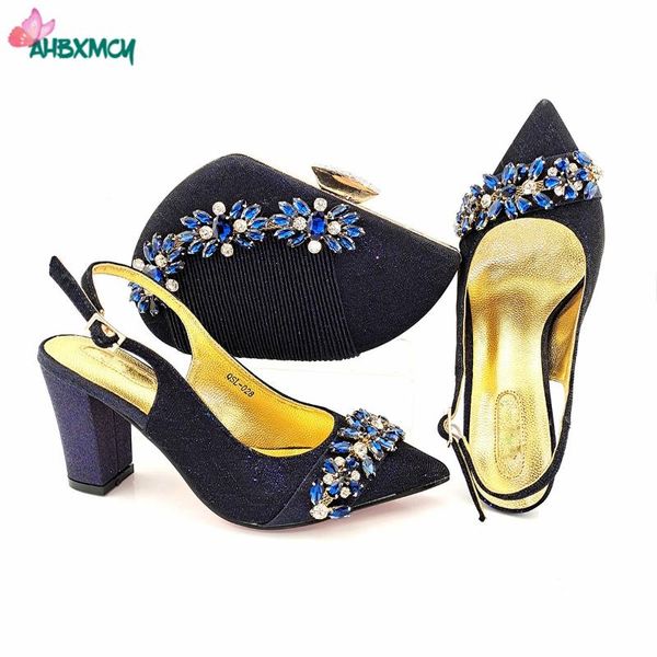 

dress shoes 2021 arrivals nigerian women and bag to match in dark blue color pointed toe pumps for wedding party, Black