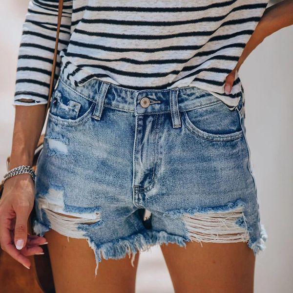 

women slim tassels hole denim shorts fashion casual summer blue denim shorts solid color wash streetwear shorts cx220314, White;black