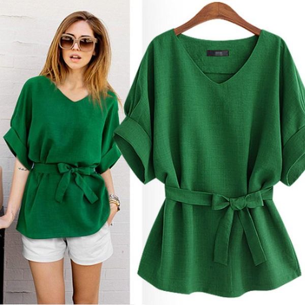 

plus size solid flax womens blouse 2021 summer bat sleeve v neck office lady shirt fashion temperament fashion solid woman blouses, White
