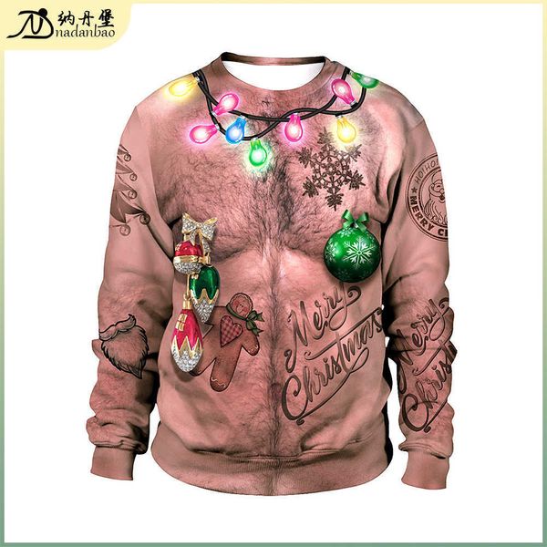 

2021 belly button hair 3d digital print pullover round neck christmas couple sweater, Black