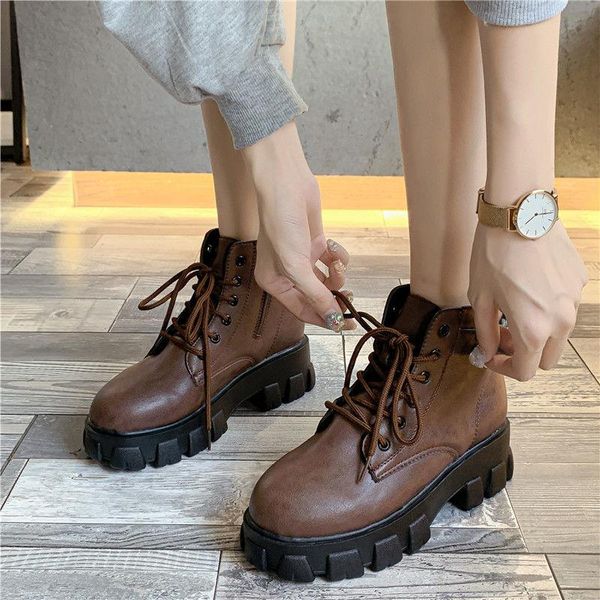 

boots women's ankle autumn and winter lace-up retro flat shoes botas mujer, Black