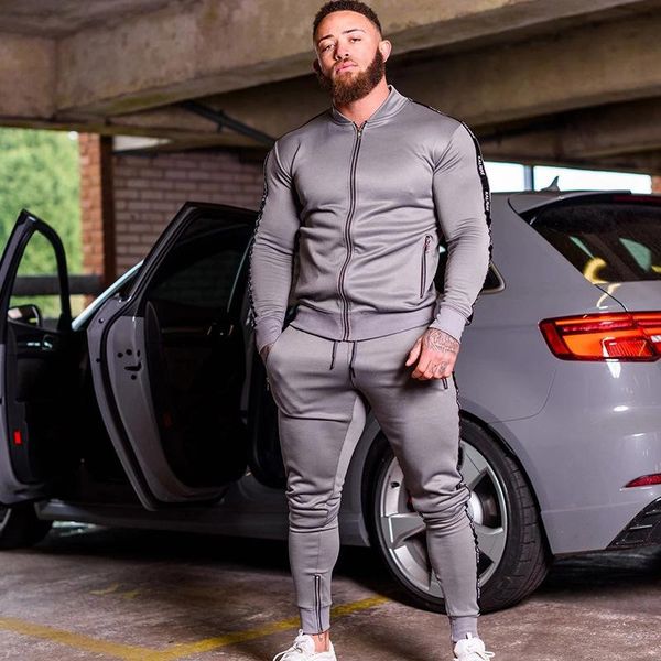 

2pcs sports men's slim sports casual jogging suit for fitness sportwear zipper casual cardigan sets weightlifting gym tracksuit, White;black
