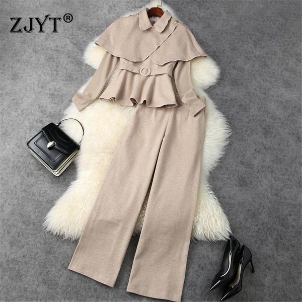 

women's two piece pants elegant runway designer winter 3 suit women vintage party office outfit fashion cloak ruffle and matching sets, White