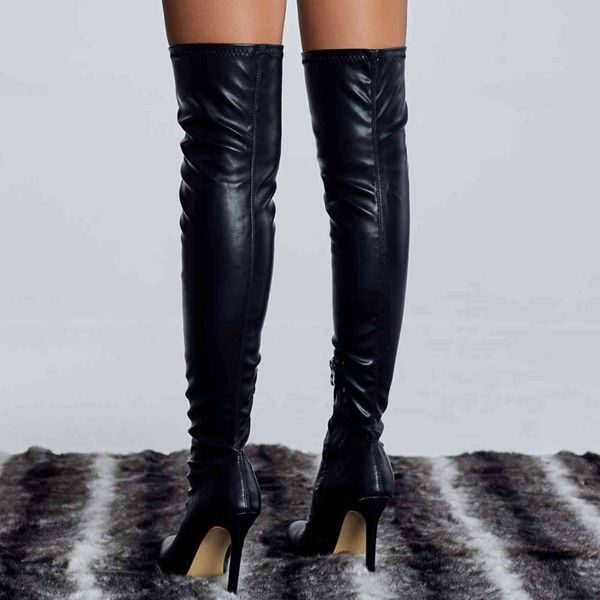 

boots elasticity genuine leather pointed slim zipper women over the knee heel thigh high woman boot stiletto heels women's shoes 3, Black