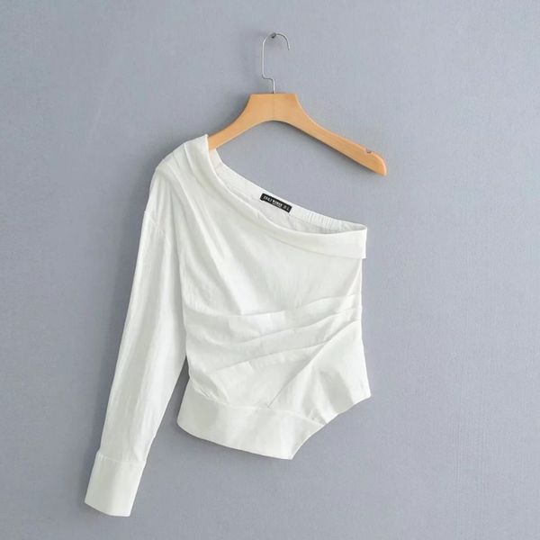

asymmetric women pleated shirt casual white long sleeve blouse summer style skew collar chic streetwear chemise s5526 210315