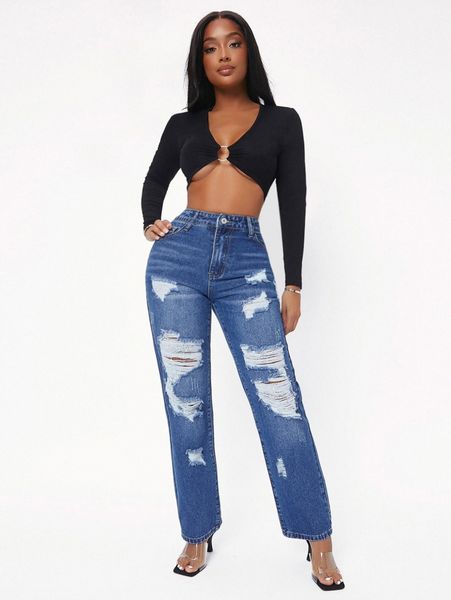 

sxy high waist ripped straight leg jeans q52x#, Blue