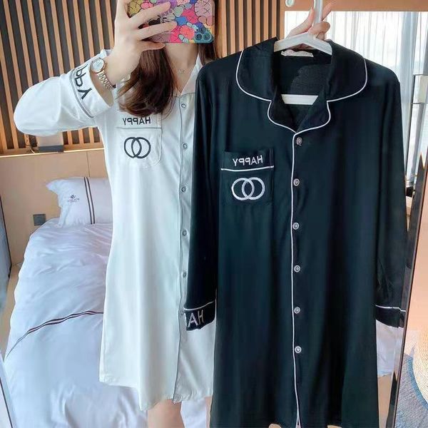 

2021 new summer dress mini sleepwear women fashion turn-down collar long sleeve single breasted womens pajamas embroidery, Black;red