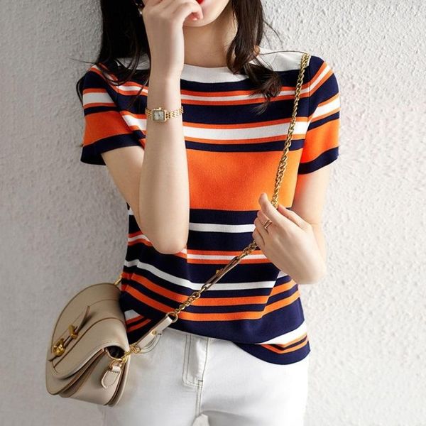 

women's t-shirt spring/summer color matching striped short-sleeved round neck contrast knitting loose thin sa799, White