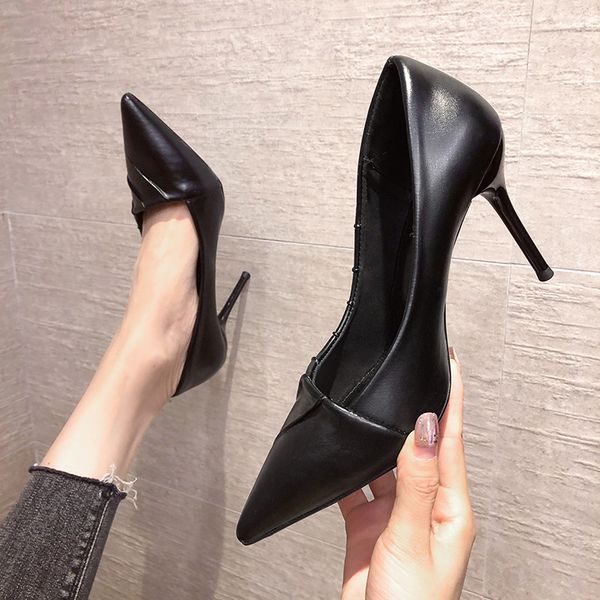 

womens high heels 2021 autumn simplicity fashionable comfortable pu fabric pointed stiletto low-cut shoes for work women, Black